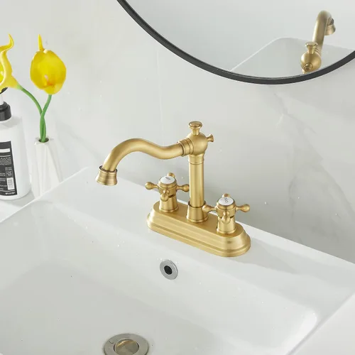 Vista 7 de Grifo de Baño GGStudy de Latón Antiguo de 2 Manijas de 4 Pulgadas Grifo Central de Tocador de Baño con Conjunto de Drenaje y Manguera de Suministro