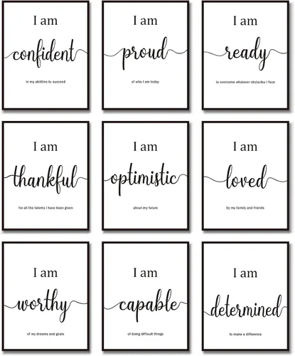 Vista 7 de Outus 9 Piezas Arte de Pared Inspirador Motivacional para Oficina y Dormitorio, Afirmaciones Diarias Positivas para Hombres, Mujeres y Niños, Negro