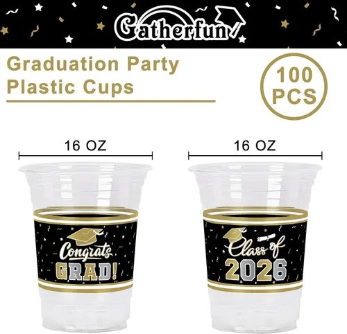 Vista 2 de Gatherfun Decoraciones de graduación 2026-100 piezas de vasos de plástico de graduación negros y dorados de 16 onzas para fiesta de graduación