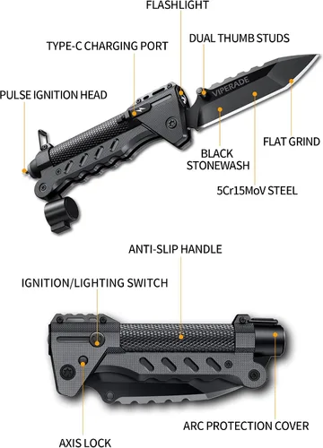 Vista 5 de VIPERADE VAK6 Multiherramienta de supervivencia con cuchillo plegable, linterna LED, encendido por pulso y generador de manivela, cuchillo