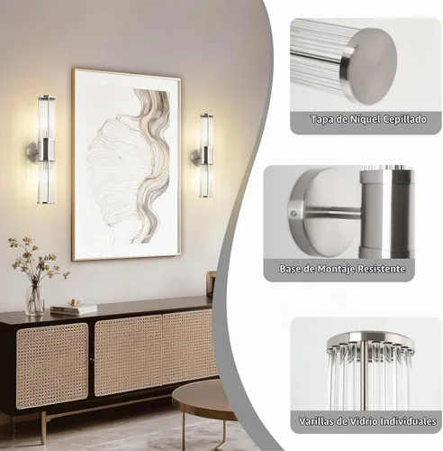Vista 5 de Aplique de pared de níquel cepillado con varillas de vidrio, lámpara de tocador industrial moderna, base de candelabro E12 para baño, dormitorio