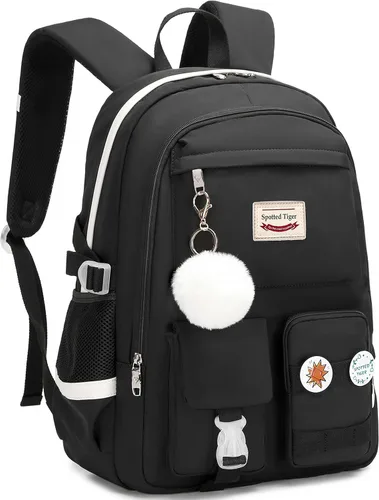 Vista 2 de Spotted Tiger Mochila estética para niñas adolescentes y niñas, bonita mochila escolar, mochila escolar de anime para niñas, Negro, L, Estética