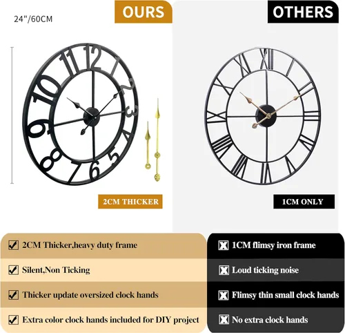 Vista 3 de CLXEAST Relojes de pared de 24 pulgadas para decoración de sala de estar, reloj de pared grande de metal negro que funciona con pilas Número arábigo