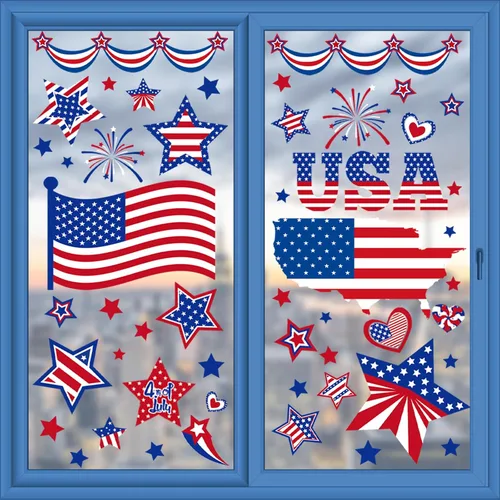 Vista 3 de Decoraciones patrióticas para ventanas del 4 de julio, 9 hojas de calcomanías de ventana de bandera estadounidense para ventanas de vidrio