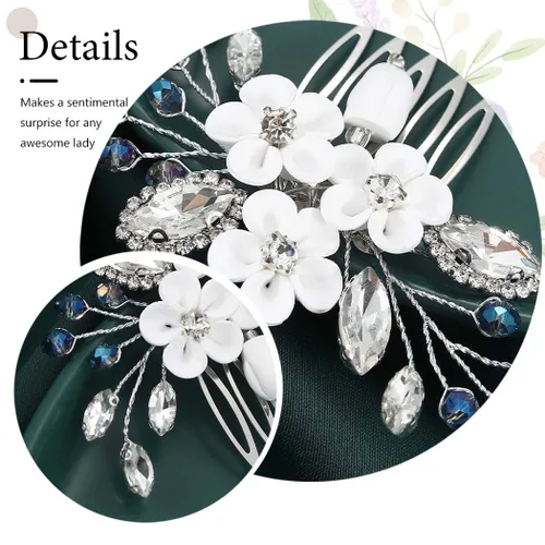 Vista 6 de Catery Peine para el cabello de boda con diseño de flores para novia, color plateado, pequeño peine lateral azul, accesorios de joyería para mujeres