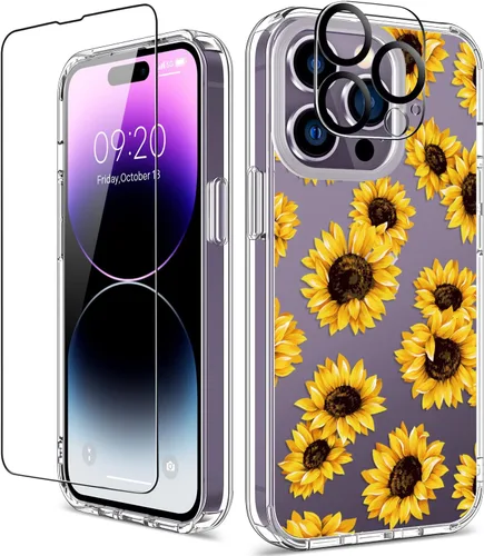Vista 44 de Funda para iPhone 14 Pro con protector de pantalla, 6.1 pulgadas, transparente de cuerpo completo, a prueba de golpes, diseño floral, para niñas