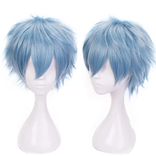 Vista 2 de ANOGOL - Peluca de cosplay de anime azul para hombre, peluca corta azul claro, pelo corto con puntas