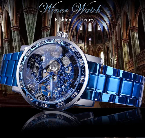 Vista 2 de Reloj de pulsera mecánico retro steampunk con diamantes de talla real para hombre, elegante reloj de pulsera mecánico