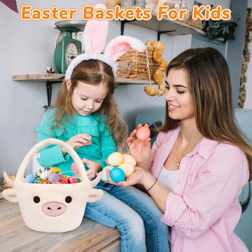 Vista 5 de Cesta de Pascua - Cestas de felpa de vaca blanca de Pascua para niños, suaves y vacías para caza de huevos con asa, lindas decoraciones de dulces