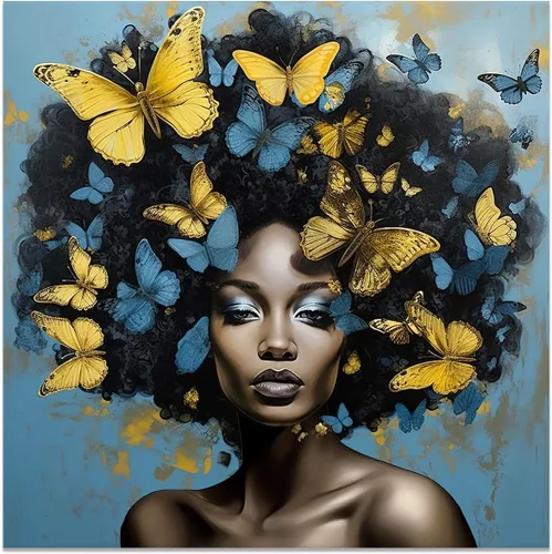 Vista 2 de CCWACPP Lienzo africano americano para pared, diseño de mujeres negras y azules y doradas, pintura de mariposas y mujeres africanas para decoración