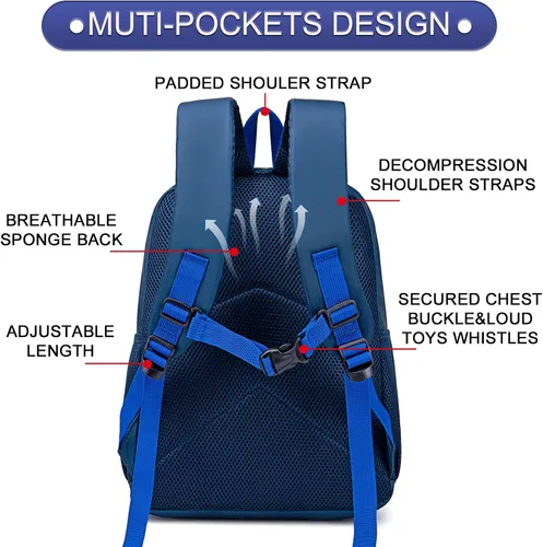Vista 3 de BTOOP Mochila escolar para niños, mochila escolar para preescolar y jardín de infantes con unicornio con clip para el pecho, Sportball-azul marino