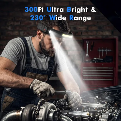 Vista 2 de Headlamps Rechargeable, 230° Wide Beam Head Lamp LED with Motion Sensor for Adults, Rechargeable Forehead Headlight with 5 Modes, USB C, Waterproof