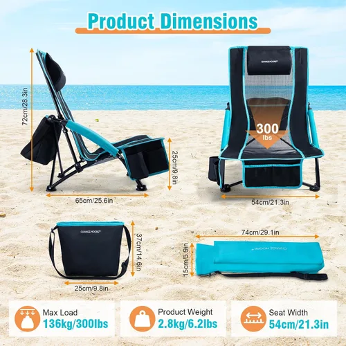 Vista 3 de CHANGE MOORE Silla de playa baja con bolsa enfriadora 2 en 1, 1 paquete soporta hasta 300 libras, sillas de playa plegables para adultos con soporte