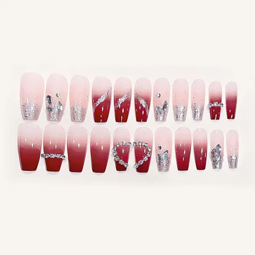 Vista 4 de RikView Uñas postizas largas a presión con diamantes de imitación 3D, uñas rojas brillantes de cobertura completa, 24 unidades por juego