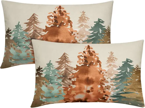 Vista 11 de Juego de 2 fundas de almohada de árbol de acuarela de invierno de 16 x 16 pulgadas, color azul y verde, estilo rústico, estampado de bosque natural