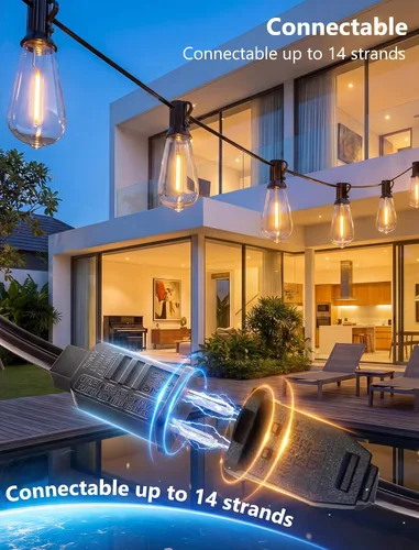 Vista 6 de Oviejo Tira de luces LED para exteriores de 100 pies, impermeable, con 52 bombillas LED ST40, base E17, para cubierta, exterior, patio, casa