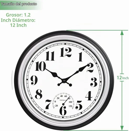 Vista 3 de 45 Min - Reloj de pared para interiores y exteriores, 12 pulgadas, estilo retro, 03 12 plata
