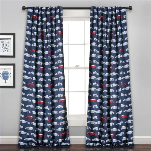Vista 7 de Lush Decor Race Cars - Juego de cortinas para ventana con filtro de luz, 52 pulgadas de ancho x 63 pulgadas de largo, azul marino y rojo