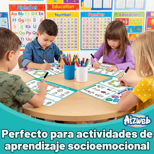 Vista 6 de Aizweb Big Feelings - Paquete de 12 tarjetas flash de emociones de borrado en seco de 9 x 12 pulgadas con habilidades de afrontamiento, tabla