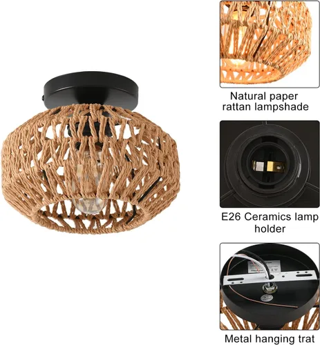 Vista 7 de 1 paquete de lámparas de granja para montaje en techo, mini lámpara de techo de ratán bohemio semiempotrada, accesorios de luz de pasillo tejidos a