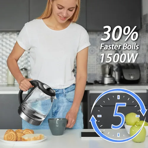 Vista 5 de ShanSon Tetera Eléctrica de Vidrio de 1.7 Litros 1500W con Control de Temperatura, Hervidor de Agua Rápido Libre de BPA, Apagado Automático