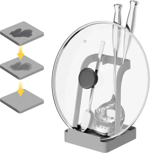 Vista 10 de NiHome Soporte para tapa de olla grande y soporte para cuchara con bandeja de goteo extraíble, organizador de encimera de cocina de hierro negro