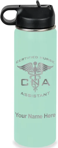 Vista 52 de LaserGram Botella de agua personalizada, asistente de enfermería certificada por la CNA, acero inoxidable de doble pared aislada al vacío con popote