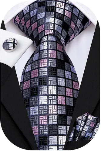 Vista 21 de Hi-Tie Corbata clásica de cachemira para hombre con pañuelo y gemelos a cuadros