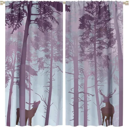 Vista 32 de Cortinas opacas con diseño de ciervos, bosque brumoso, rústico, vida silvestre, alce, montaña, pájaros, pino, bosque, cortinas de ventana