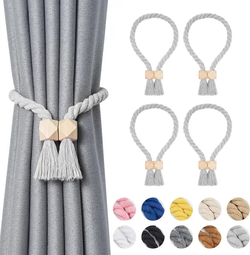 Vista 44 de NICEEC 2 Pack de Alzapaños Magnéticos de Madera en Forma de Cubo Boho para Decoración del Hogar, Alzapaños de Lino Tejidos a Mano para Cortinas Beige