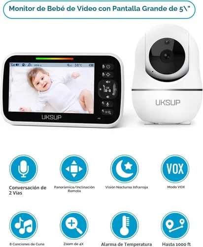 Vista 2 de UKSUP SM663V2 Monitor de bebé con 2 cámaras, monitor de video de 5 pulgadas con giro e inclinación remotos, zoom 2X, visión nocturna automática