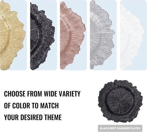 Vista 3 de MAONAME platos de carga negros de 13", platos base redondos de arrecife para platos de cena, platos de carga de plástico para decoración de mesa