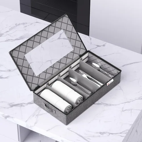 Vista 5 de YearningHome Caja de almacenamiento de cubiertos, organizador de cubiertos de carcasa dura con tapa y cremallera, almacenamiento de utensilios
