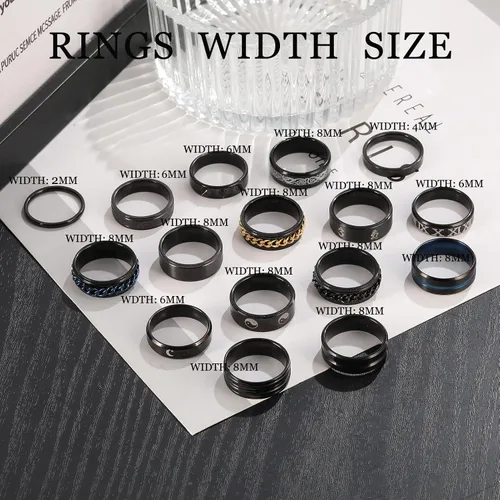 Vista 5 de Anillos negros de acero inoxidable para hombres, juego de anillos de promesa de boda para hombres, anillos de ansiedad simples y geniales