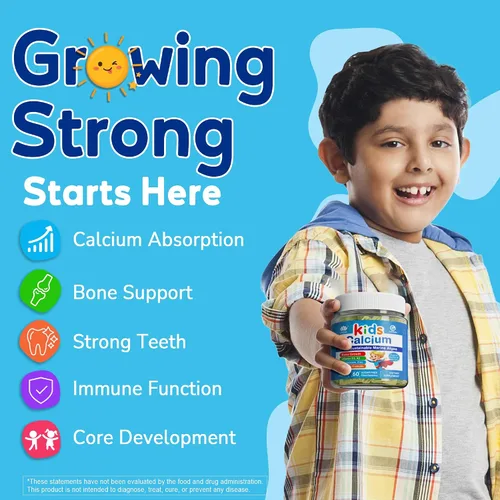 Vista 3 de Gomitas de calcio para niños de algas + vitamina D3 K2 para huesos y Suplemento de calcio a base de plantas para niños 400 mg + magnesio, zinc