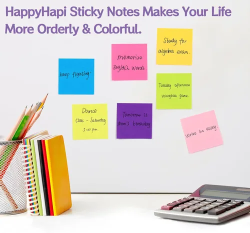 Vista 6 de HappyHapi 36 blocs de notas adhesivas de 3 x 3 pulgadas, 80 hojas/bloc, 8 blocs de notas autoadhesivas de colores brillantes, notas adhesivas