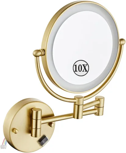 Vista 8 de KEYQEEN Espejo de maquillaje LED con luces, espejo de aumento de doble cara 1X/10X, espejo de aumento negro cableado montado en la pared giratorio