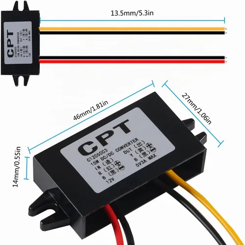 Vista 4 de DIANN Módulo convertidor de 12V a 5V 3A 15W Buck - Regulador de CC a CC Convertidor de potencia de coche con interfaz de cable Interfaz de alambre