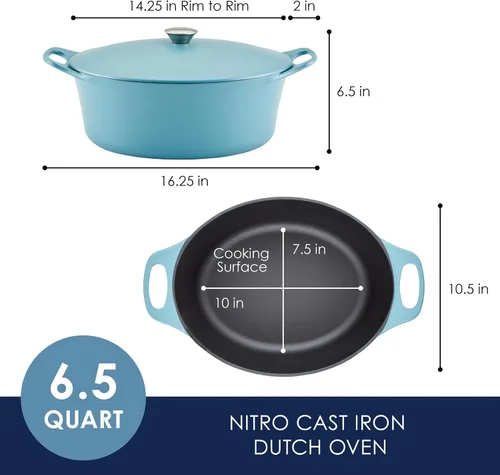Vista 2 de Rachael Ray NITRO - Horno holandés de hierro fundido, 6.5 cuartos de galón, azul agave