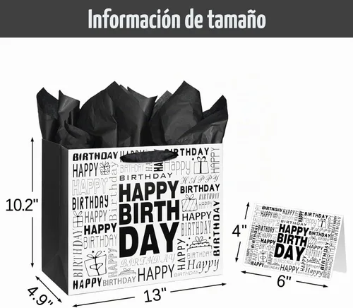 Vista 2 de Laidans Bolsa de regalo de feliz cumpleaños grande en blanco y negro de 13 13" Negro Blanco