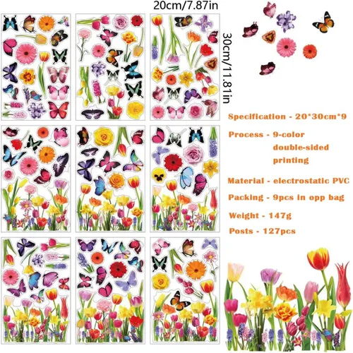 Vista 6 de Calcomanías de primavera para ventana, encanta tus ventanas de cristal con 127 piezas en 9 hojas, diseños de tulipanes, mariposas y flores para una