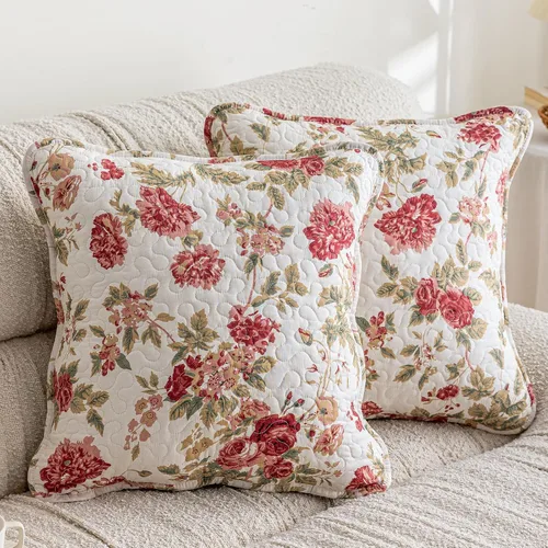 Vista 11 de vctops Juego de 2 fundas de cojines decorativos cuadradas de algodón acolchado bordado con volantes de diseño floral suave para sillón, sofá, cama