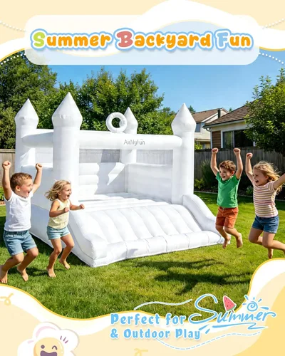 Vista 2 de AirMyFun Casa de rebote blanca para niños de 3 a 10 años, casa de rebote con soplador, tobogán y aro de bola, castillo inflable de salto
