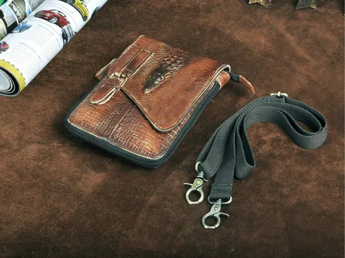 Vista 5 de Le'aokuu Riñonera de cuero genuino para hombre, bolso de hombro pequeño mensajero para teléfono, cinturón, Camel de cocodrilo grande