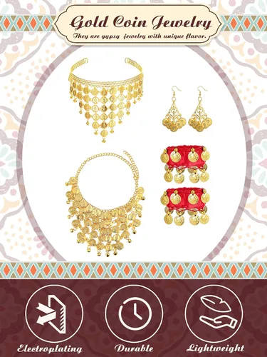 Vista 5 de Disfraz de gitana para mujer, joyería de bailarina del vientre, bufanda de cadera con moneda, tocado gitano, collar y aretes de oro