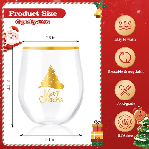 Vista 2 de SUT Copas de vino de plástico, copas de vino de Navidad de plástico, vasos de plástico, copas de vino desechables, vasos desechables, copas de vino