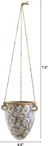 Vista 2 de Nearly Natural Macetero colgante de cerámica toscana de 2 pies Traditional Print Pattern, Durable Construction, Customizable Rope Height, Indoor