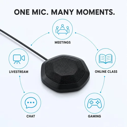 Vista 7 de Micrófono de computadora de 360° para escritorio, micrófono de PC de conferencia USB, tecnología de cancelación de ruido, grabación, Skype, clase