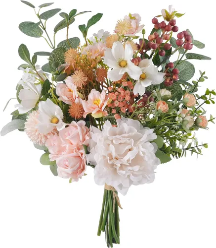 Vista 13 de Arreglos florales artificiales de seda de 17 pulgadas, ramos de flores artificiales que consisten en ranúnculos, crisantemos silvestres, rosas Ámbar