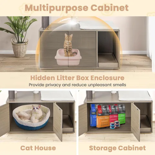 Vista 7 de Tangkula Árbol para gatos con caja de arena, torre para gatos con caja de arena, condominio para gatos, tabla de rascar, perca de felpa suave, bolas
